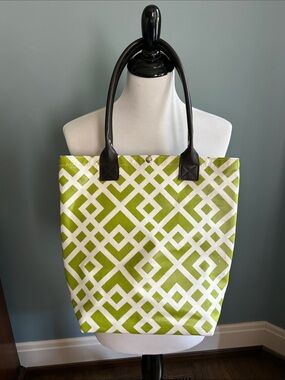 AU Green Geometric Tote with Dark Brown Handles